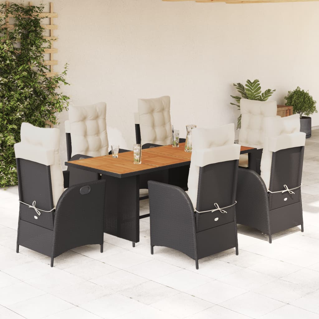 vidaXL 7-tlg. Garten-Essgruppe mit Kissen Schwarz Poly Rattan