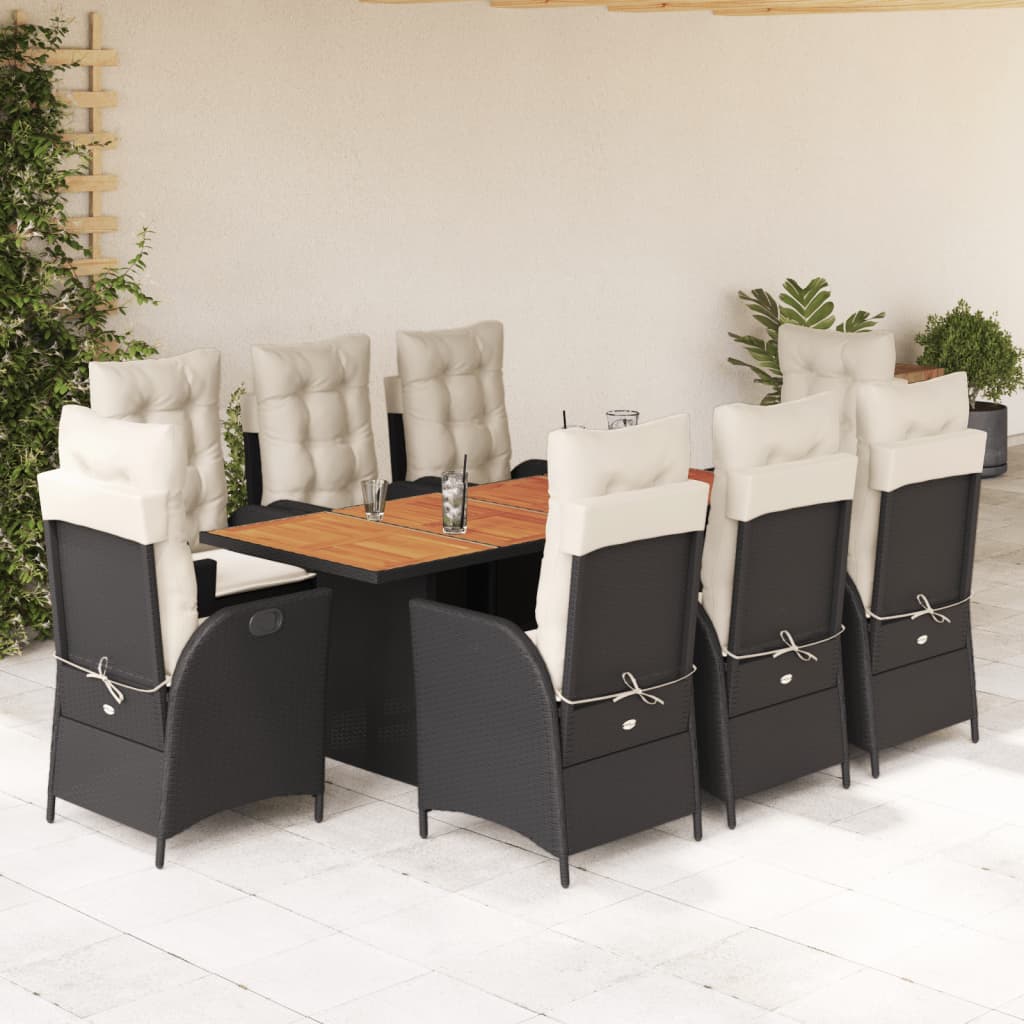 vidaXL 9-tlg. Garten-Essgruppe mit Kissen Schwarz Poly Rattan