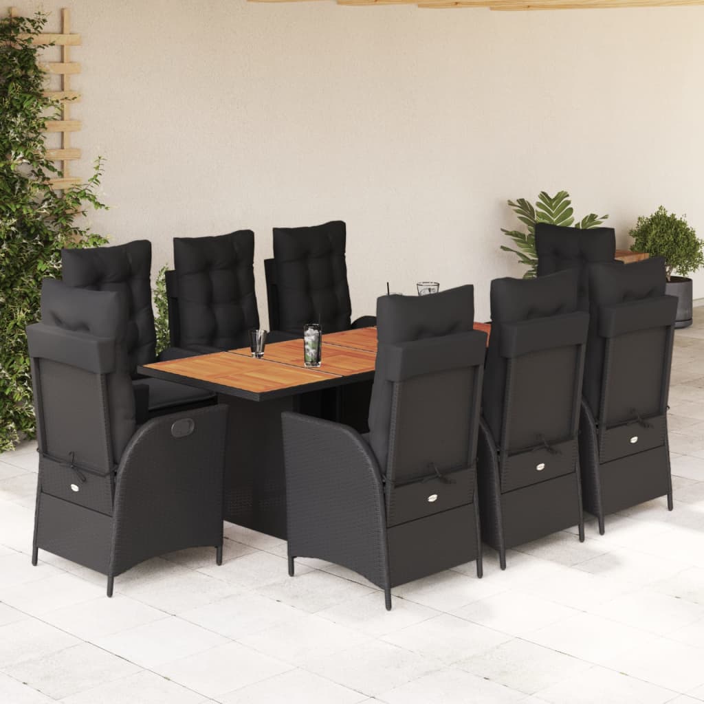 vidaXL 9-tlg. Garten-Essgruppe mit Kissen Schwarz Poly Rattan