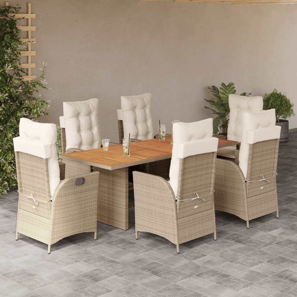 vidaXL 7-tlg. Garten-Essgruppe mit Kissen Beige Poly Rattan