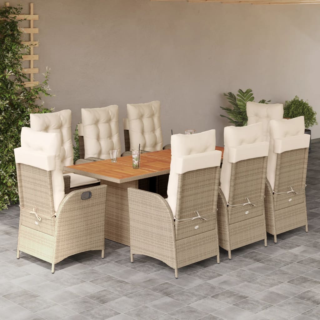 vidaXL 9-tlg. Garten-Essgruppe mit Kissen Beige Poly Rattan