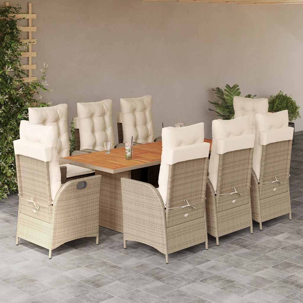 Spisebordssæt Til Haven 9 Dele Med Hynder Polyrattan - 8 / beige og cremefarvet / Med fodskammel