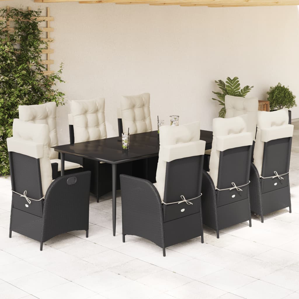 vidaXL 9-tlg. Garten-Essgruppe mit Kissen Schwarz Poly Rattan