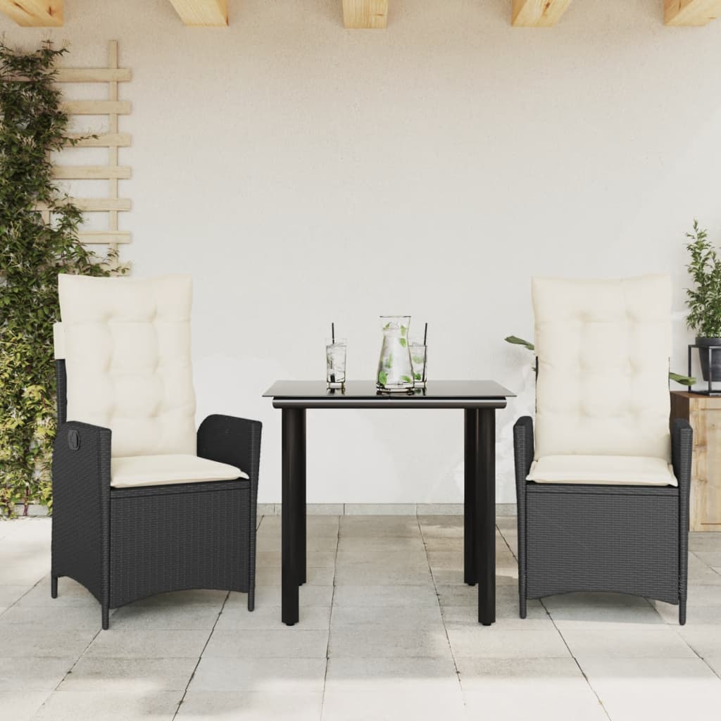 vidaXL Set mobilier de grădină cu perne, 3 piese, negru, poliratan