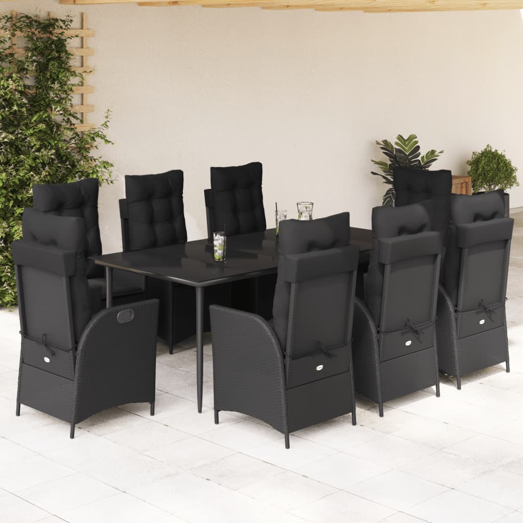 vidaXL 9-tlg. Garten-Essgruppe mit Kissen Schwarz Poly Rattan