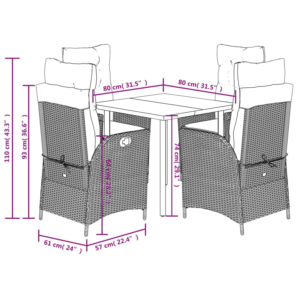 5 részes fekete polyrattan kerti étkezőgarnitúra párnákkal 