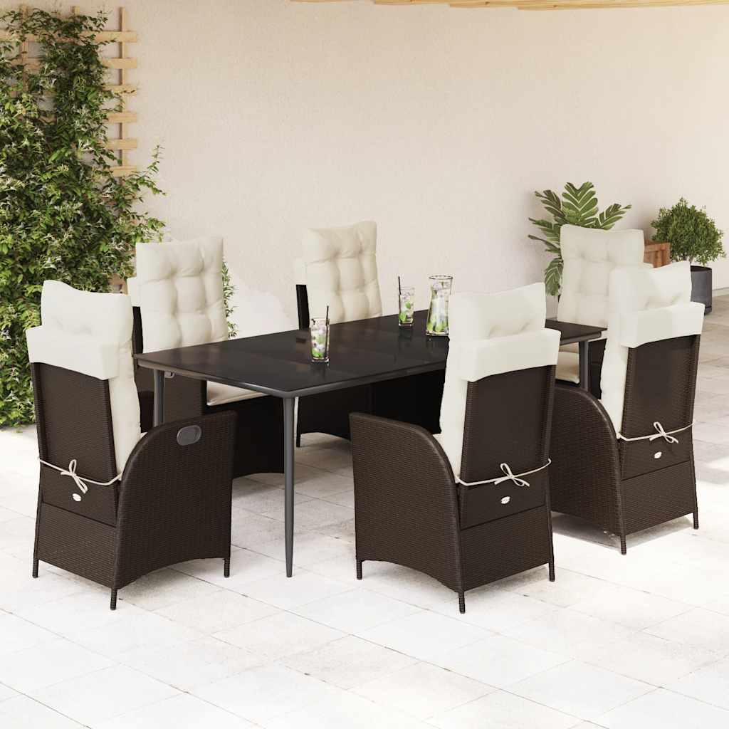 vidaXL 7-tlg. Garten-Essgruppe mit Kissen Braun Poly Rattan