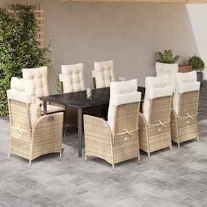 Vrtna jedilna garnitura 9-delna z blazinami bež poli ratan