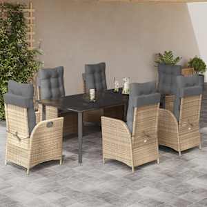 Vrtna jedilna garnitura 7-delna z blazinami bež poli ratan