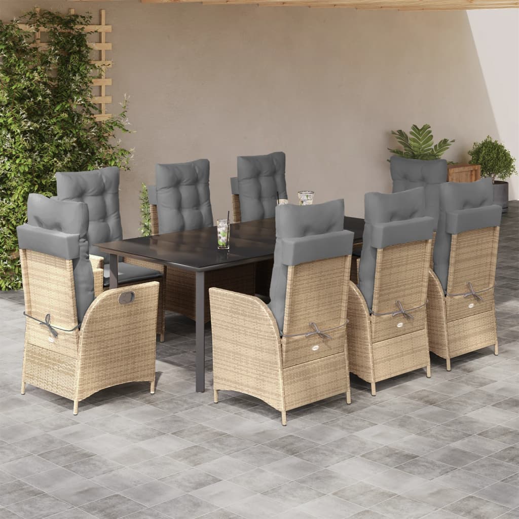 vidaXL Set de masă pentru grădină, 9 piese, cu perne, bej, poliratan
