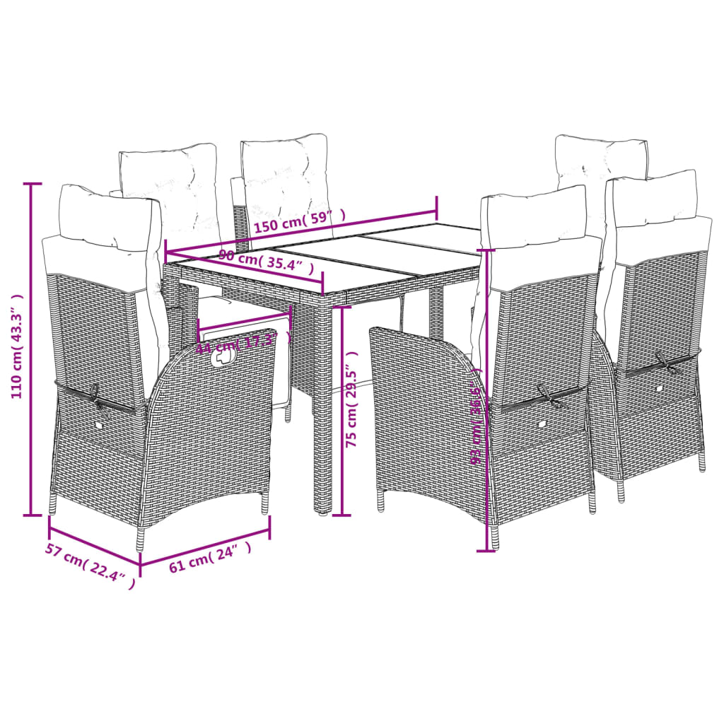 imagem de vidaXL 7 pcs conjunto de jantar p/ jardim c/ almofadões vime PE preto11