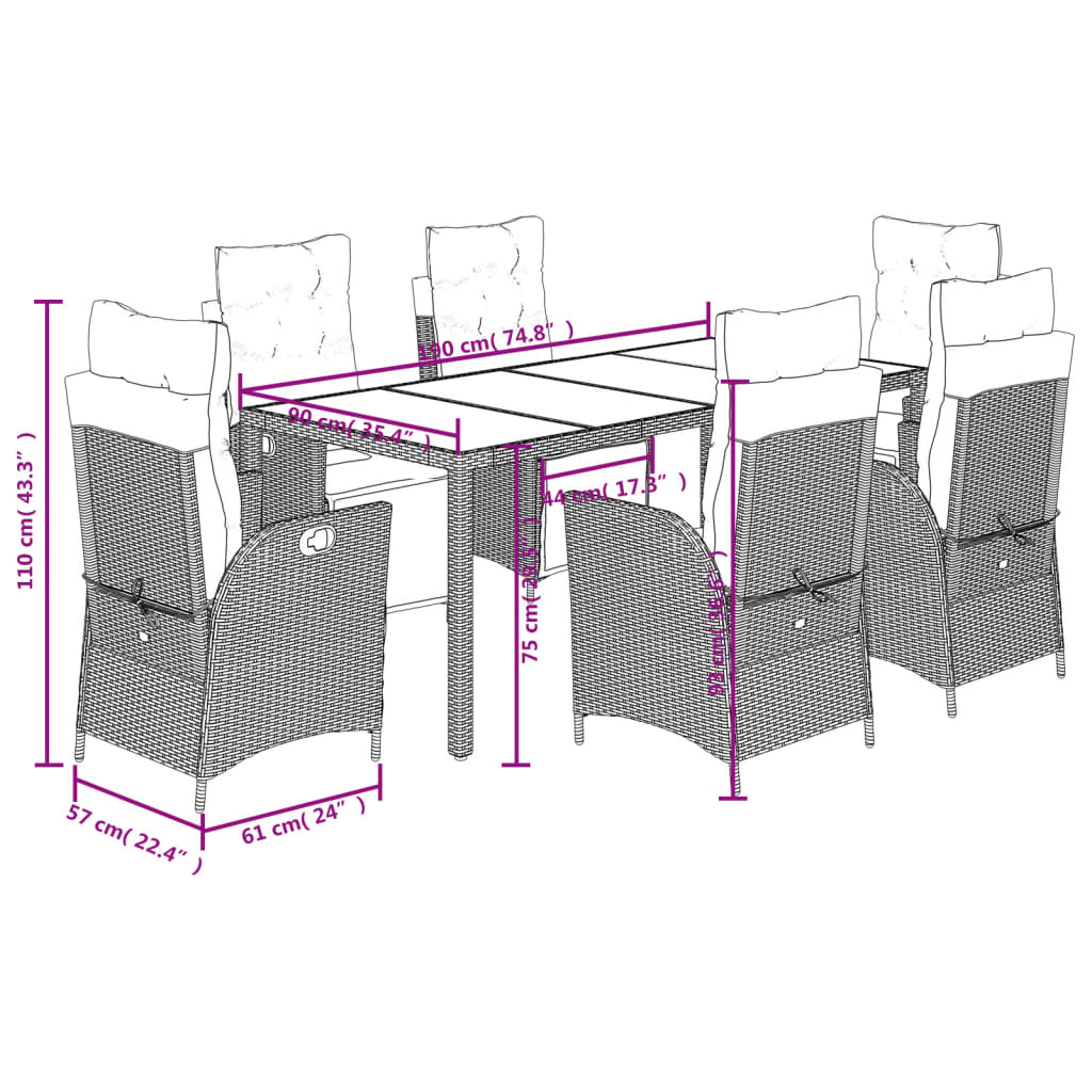 imagem de vidaXL 7 pcs conjunto de jantar p/ jardim c/ almofadões vime PE preto11