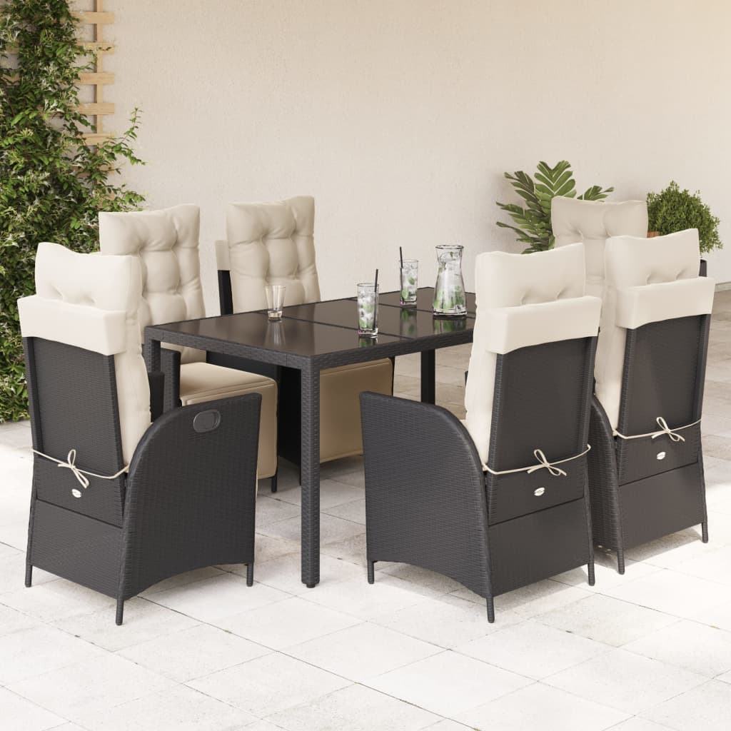 imagem de vidaXL 7 pcs conjunto de jantar p/ jardim c/ almofadões vime PE preto1