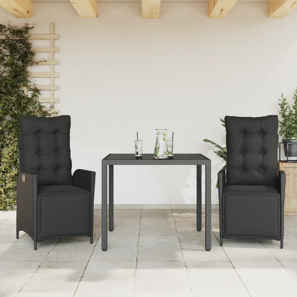 vidaXL 3-tlg. Garten-Essgruppe mit Kissen Schwarz Poly Rattan