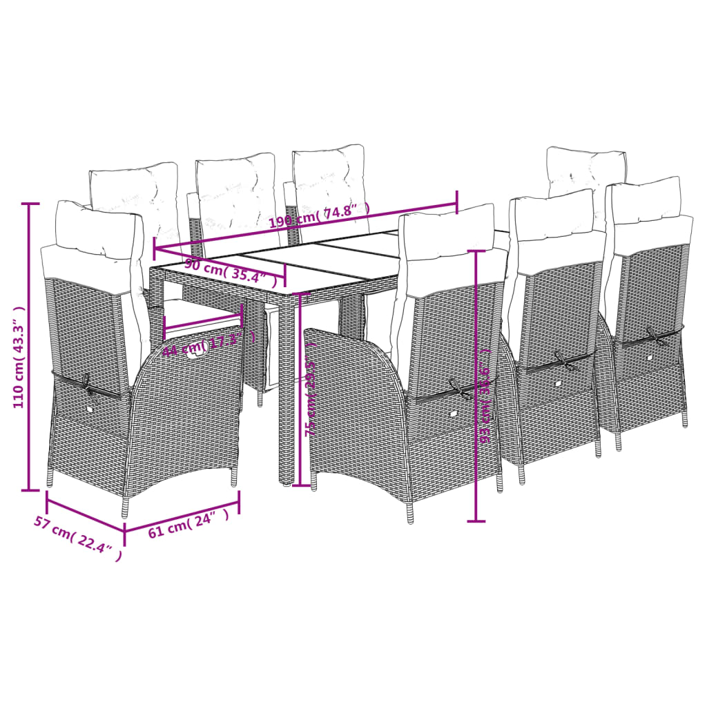 imagem de vidaXL 9 pcs conjunto de jantar p/ jardim c/ almofadões vime PE preto10