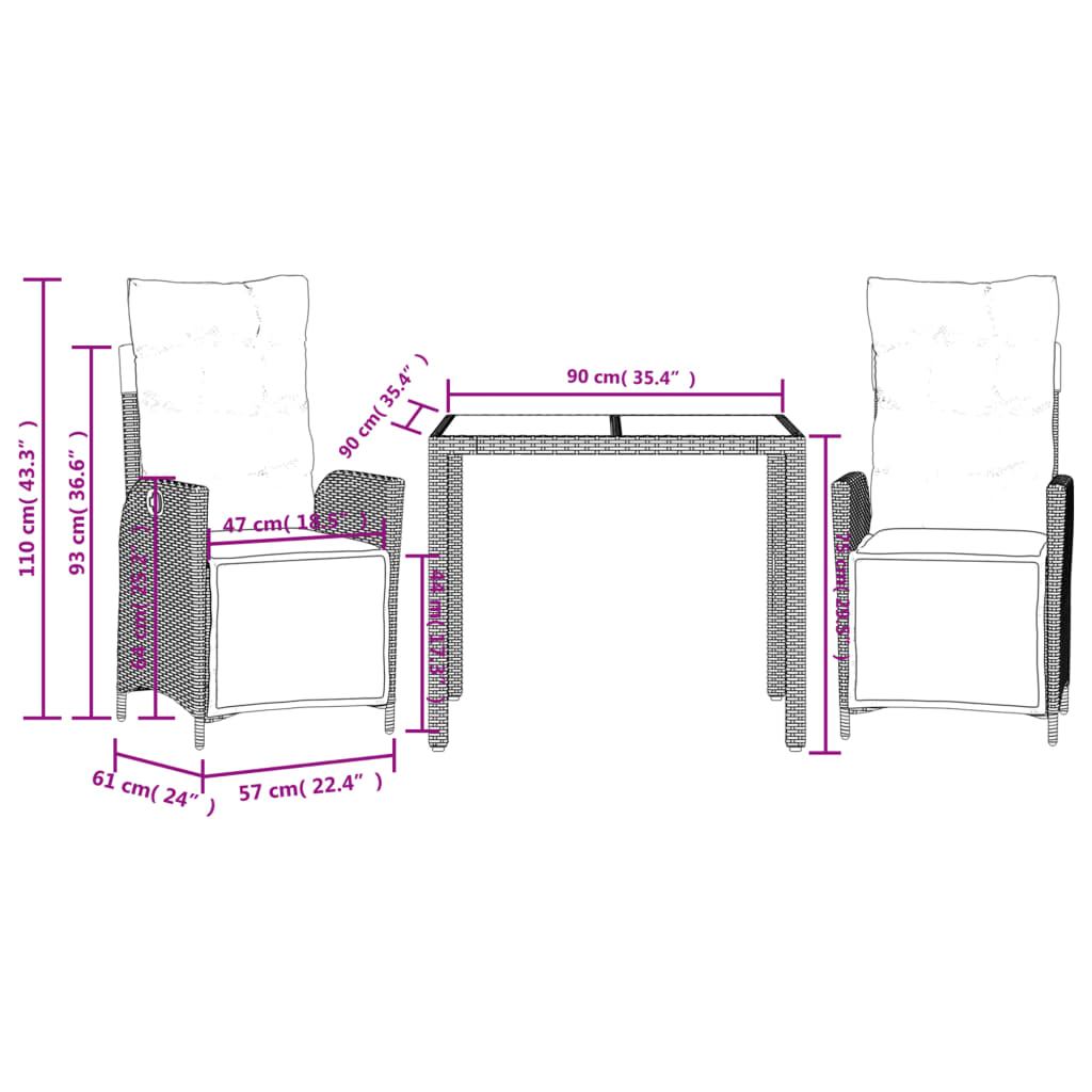 imagem de vidaXL 3 pcs conjunto de jantar p/ jardim c/ almofadões vime PE cinza10