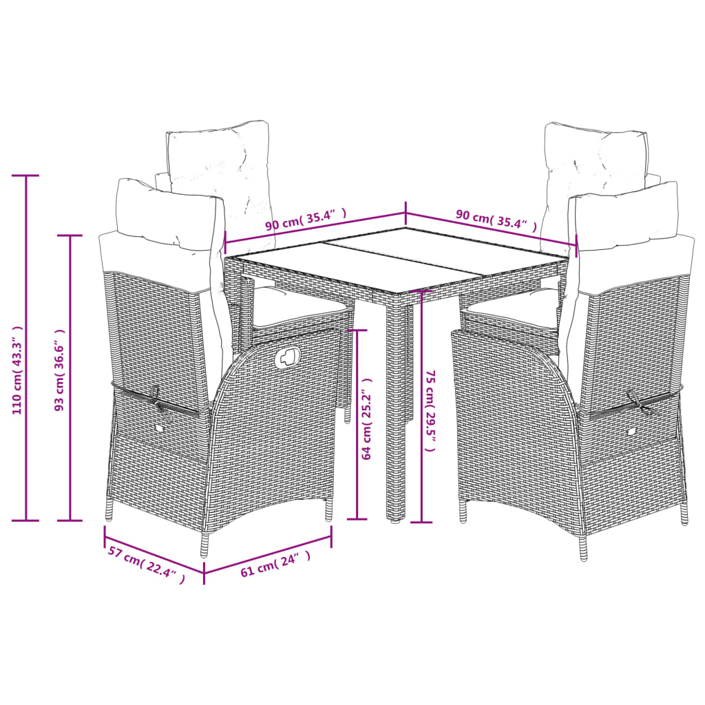 imagem de vidaXL 5 pcs conjunto de jantar p/ jardim c/ almofadões vime PE cinza11