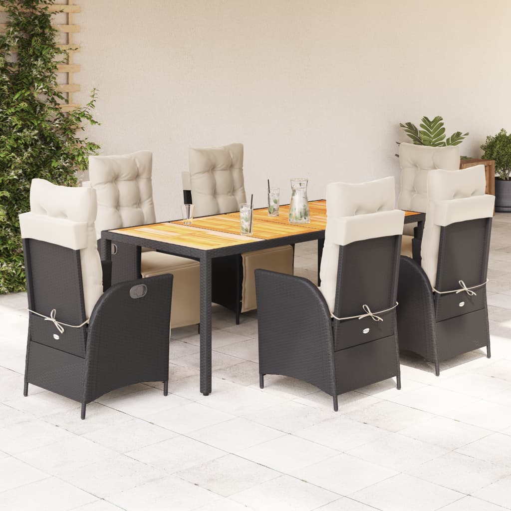 vidaXL 7-tlg. Garten-Essgruppe mit Kissen Schwarz Poly Rattan