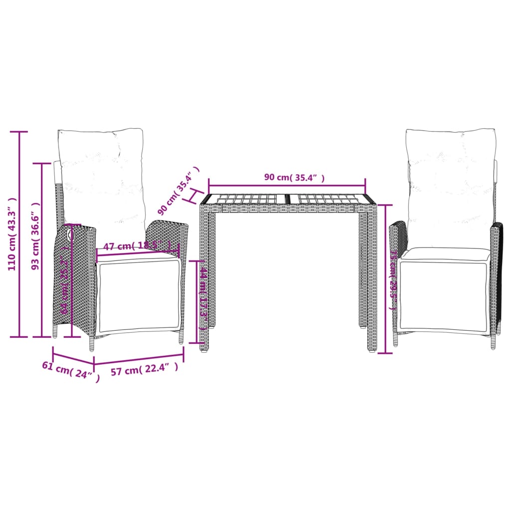 imagem de vidaXL 3 pcs conjunto de jantar p/ jardim c/ almofadões vime PE cinza10