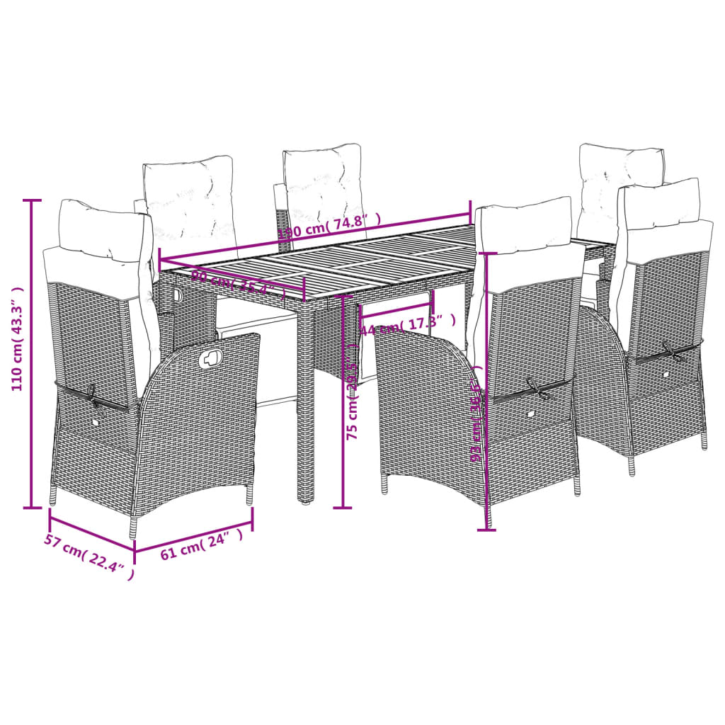 imagem de vidaXL 7 pcs conjunto de jantar p/ jardim c/ almofadões vime PE cinza10