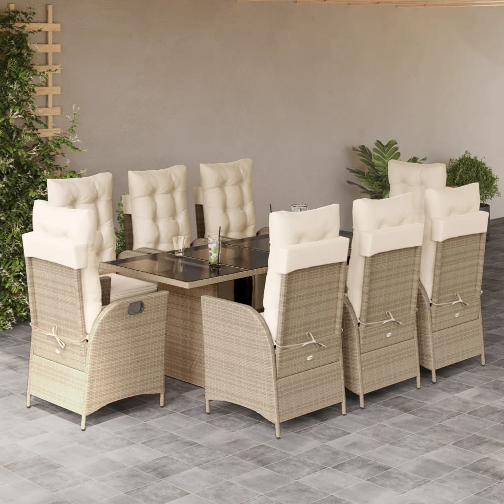 vidaXL 9-tlg. Garten-Essgruppe mit Kissen Beige Poly Rattan