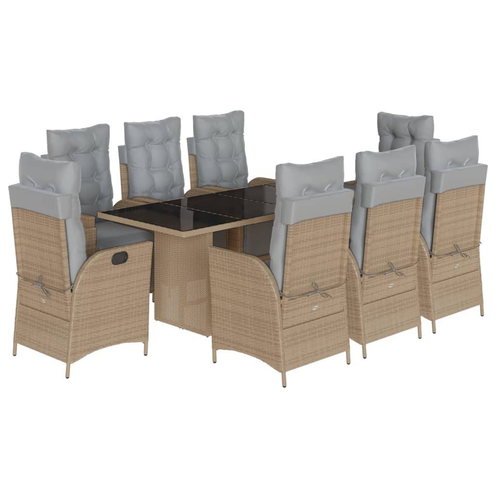 vidaXL Set de masă pentru grădină, 9 piese, cu perne, bej, poliratan