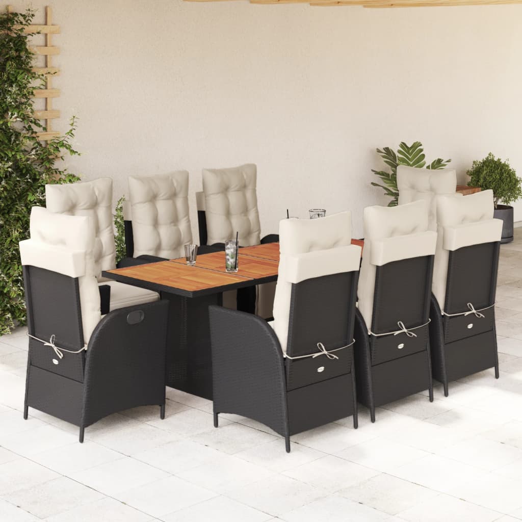 vidaXL 9-tlg. Garten-Essgruppe mit Kissen Schwarz Poly Rattan