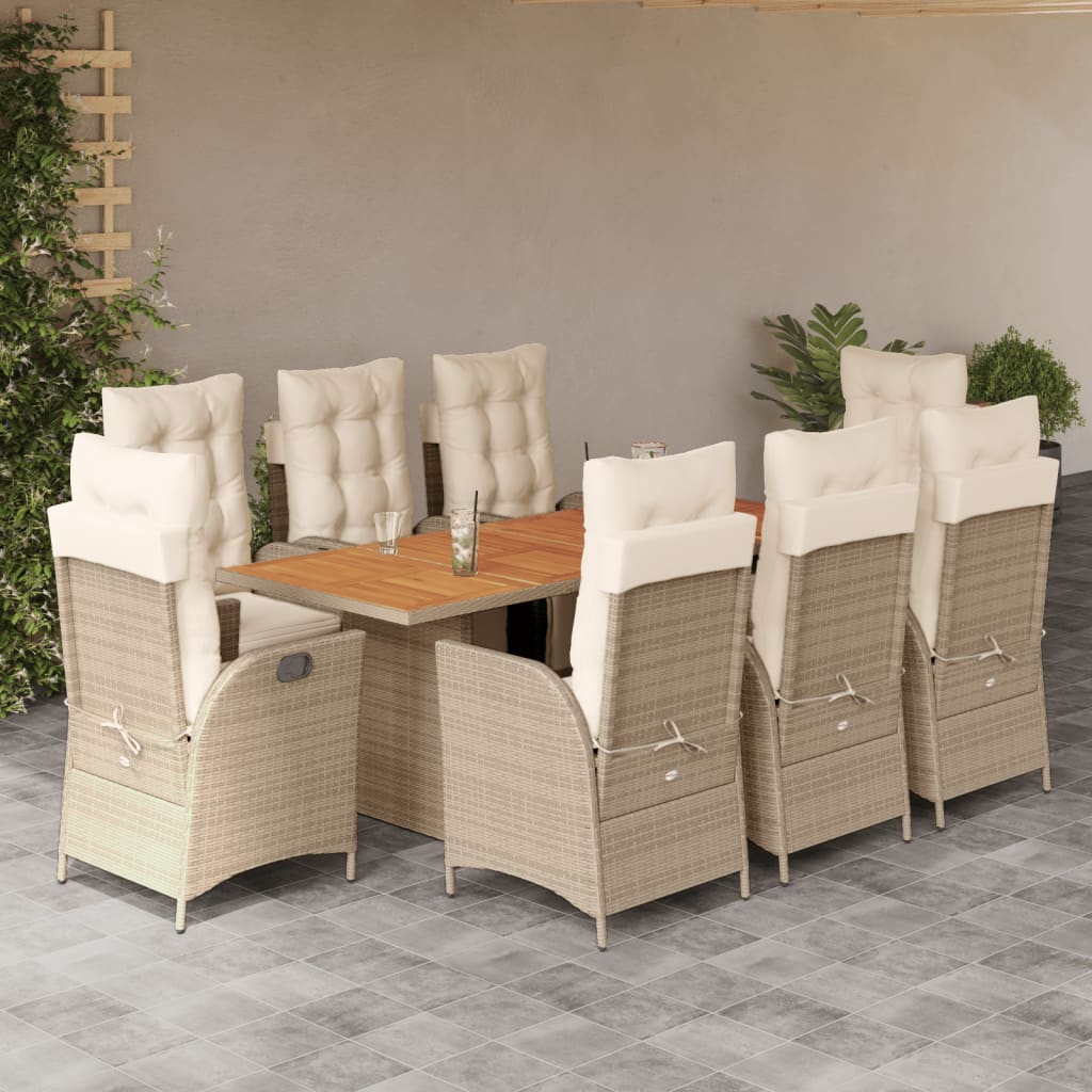 vidaXL 9-tlg. Garten-Essgruppe mit Kissen Beige Poly Rattan