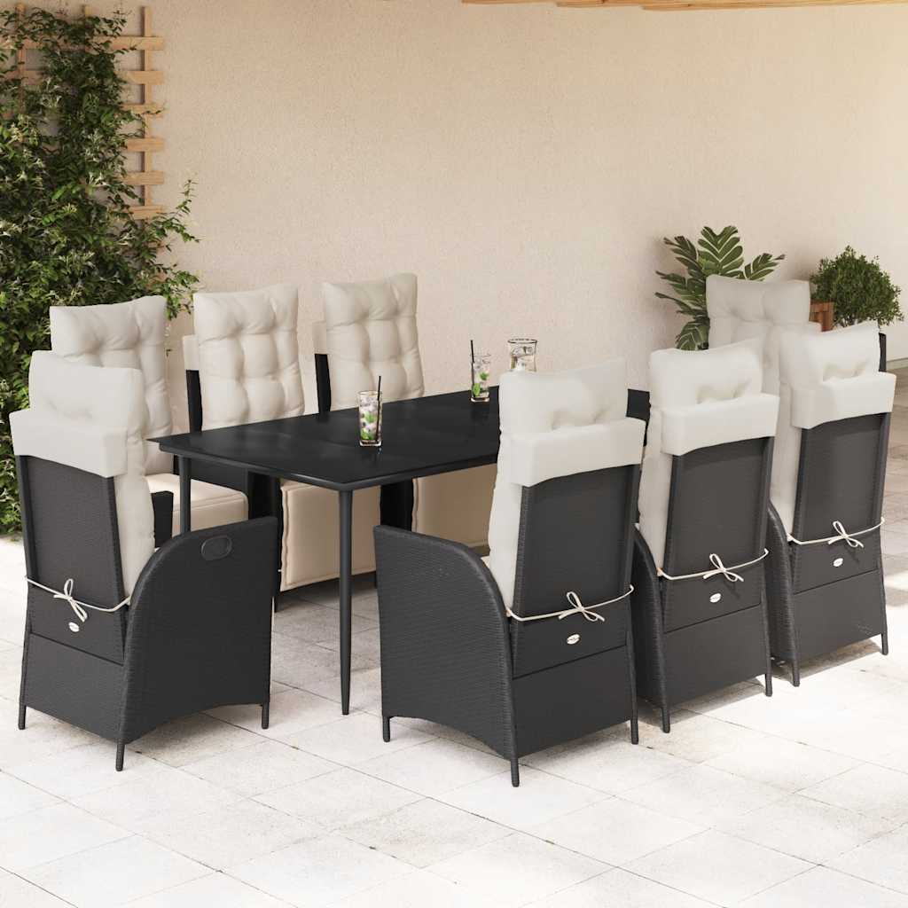 vidaXL 9-tlg. Garten-Essgruppe mit Kissen Schwarz Poly Rattan