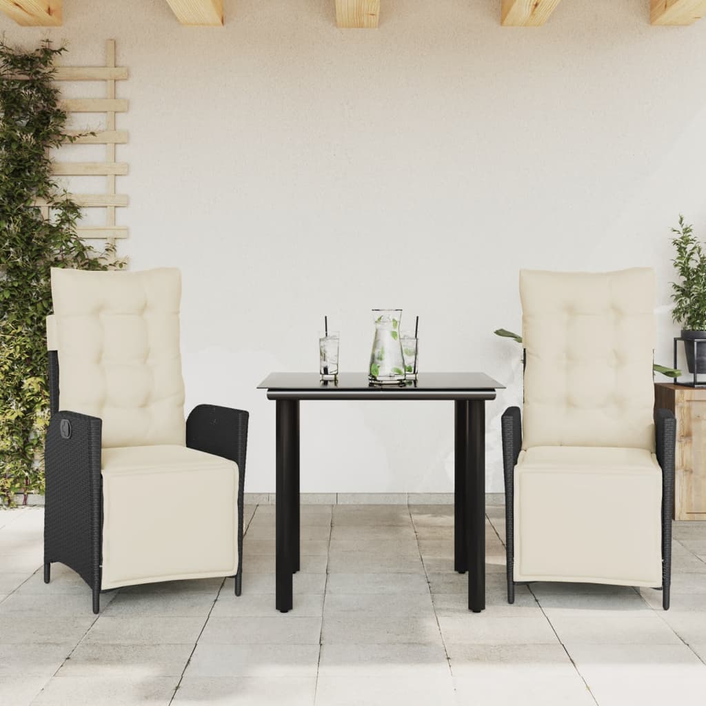 vidaXL Set mobilier de grădină cu perne, 3 piese, negru, poliratan