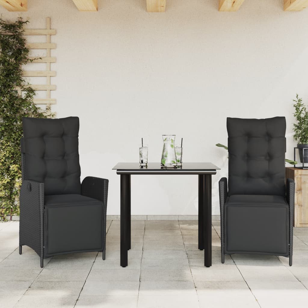 vidaXL Set mobilier de grădină cu perne, 3 piese, negru, poliratan