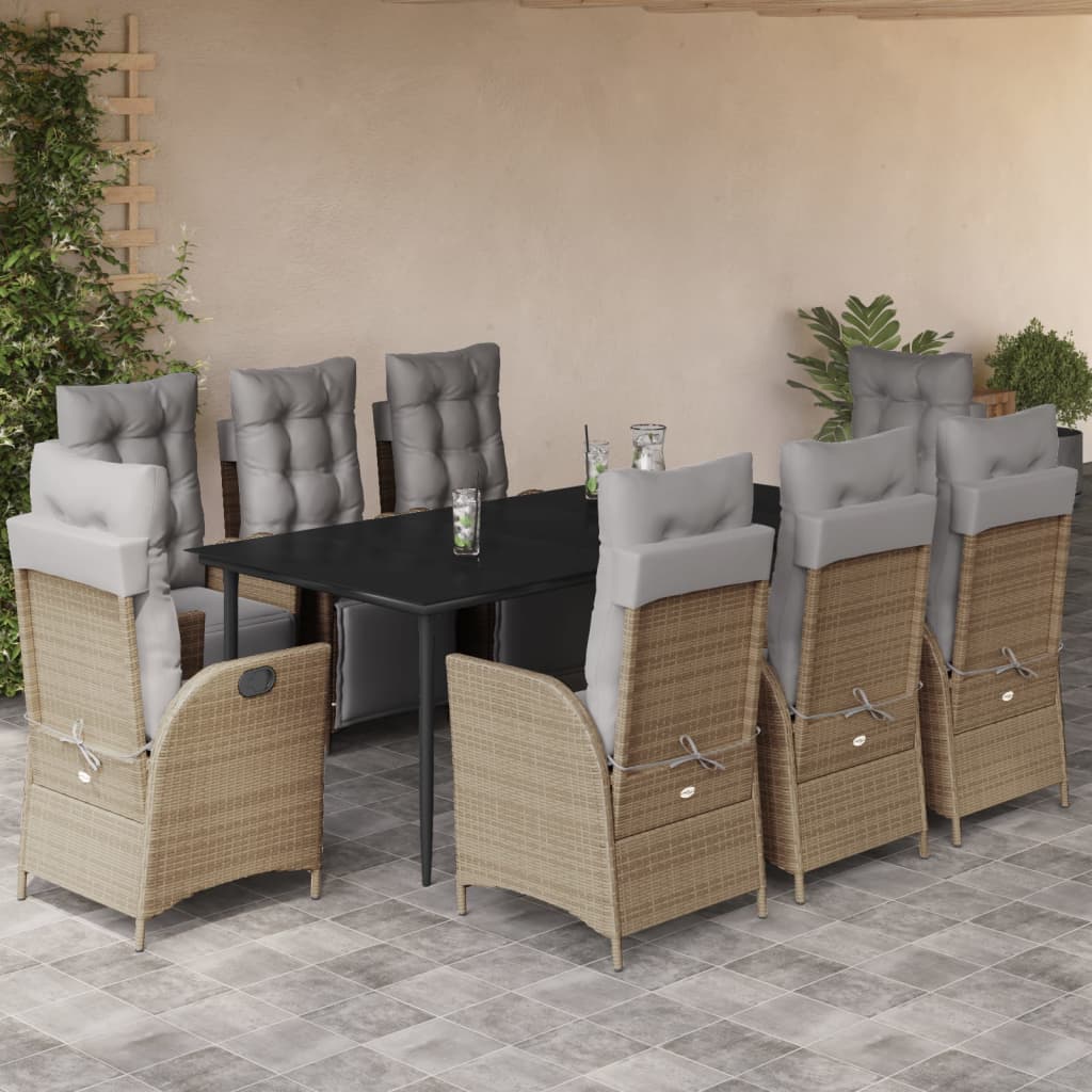vidaXL Set de masă pentru grădină, 9 piese, cu perne, bej, poliratan