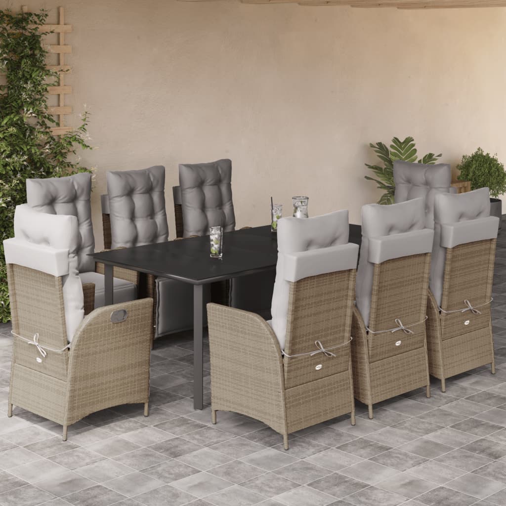 vidaXL Set de masă pentru grădină, 9 piese, cu perne, bej, poliratan