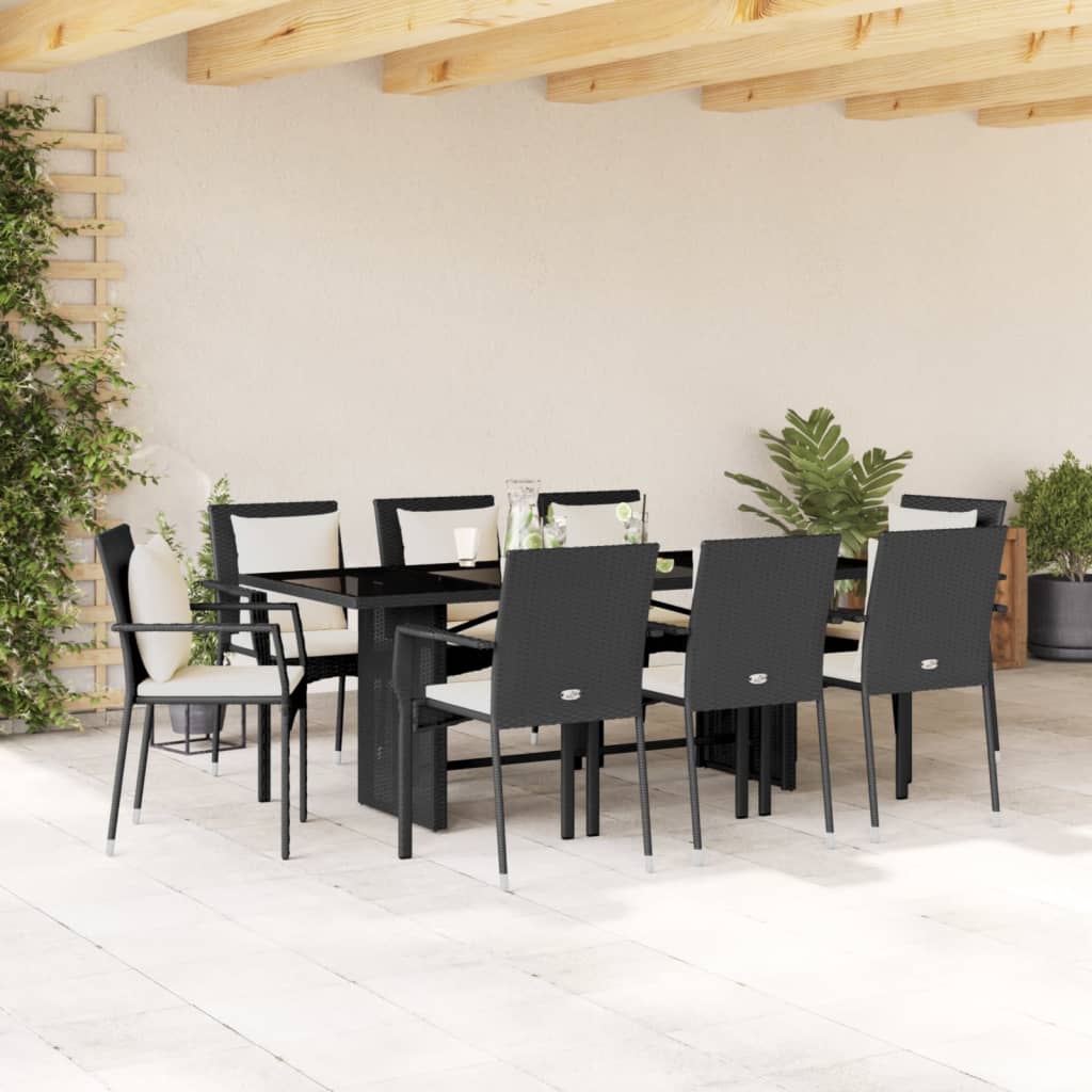 vidaXL 9-tlg. Garten-Essgruppe mit Kissen Schwarz Poly Rattan