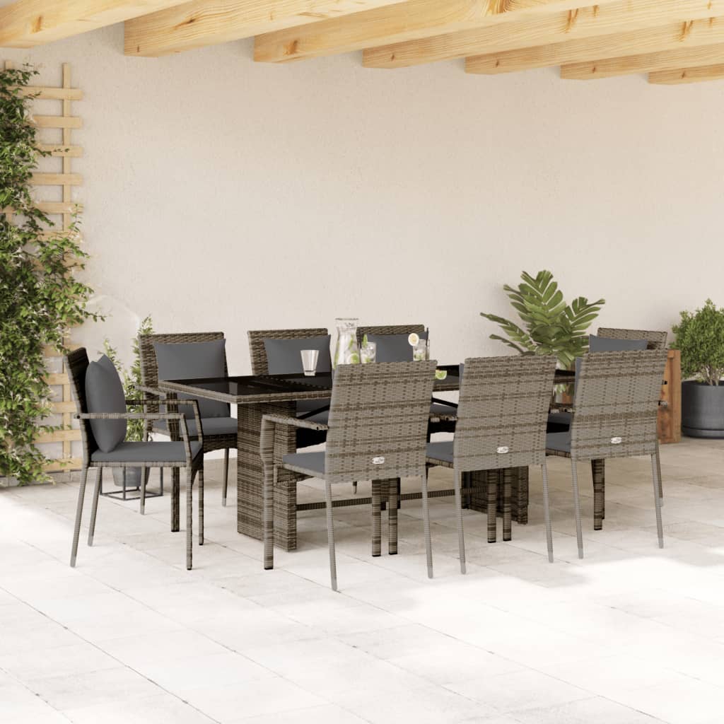 9-tlg. Garten-Essgruppe mit Kissen Grau Poly Rattan