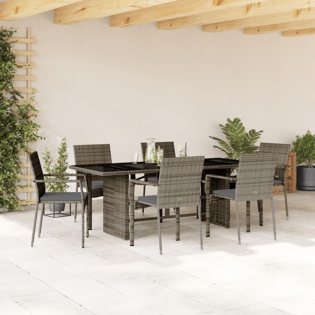 vidaXL 7-tlg. Garten-Essgruppe mit Kissen Grau Poly Rattan