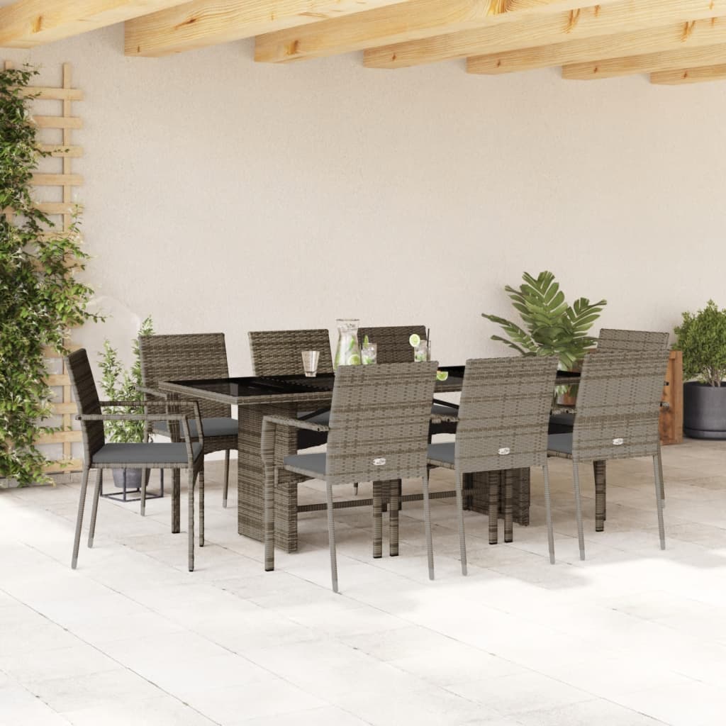 vidaXL 9-tlg. Garten-Essgruppe mit Kissen Grau Poly Rattan