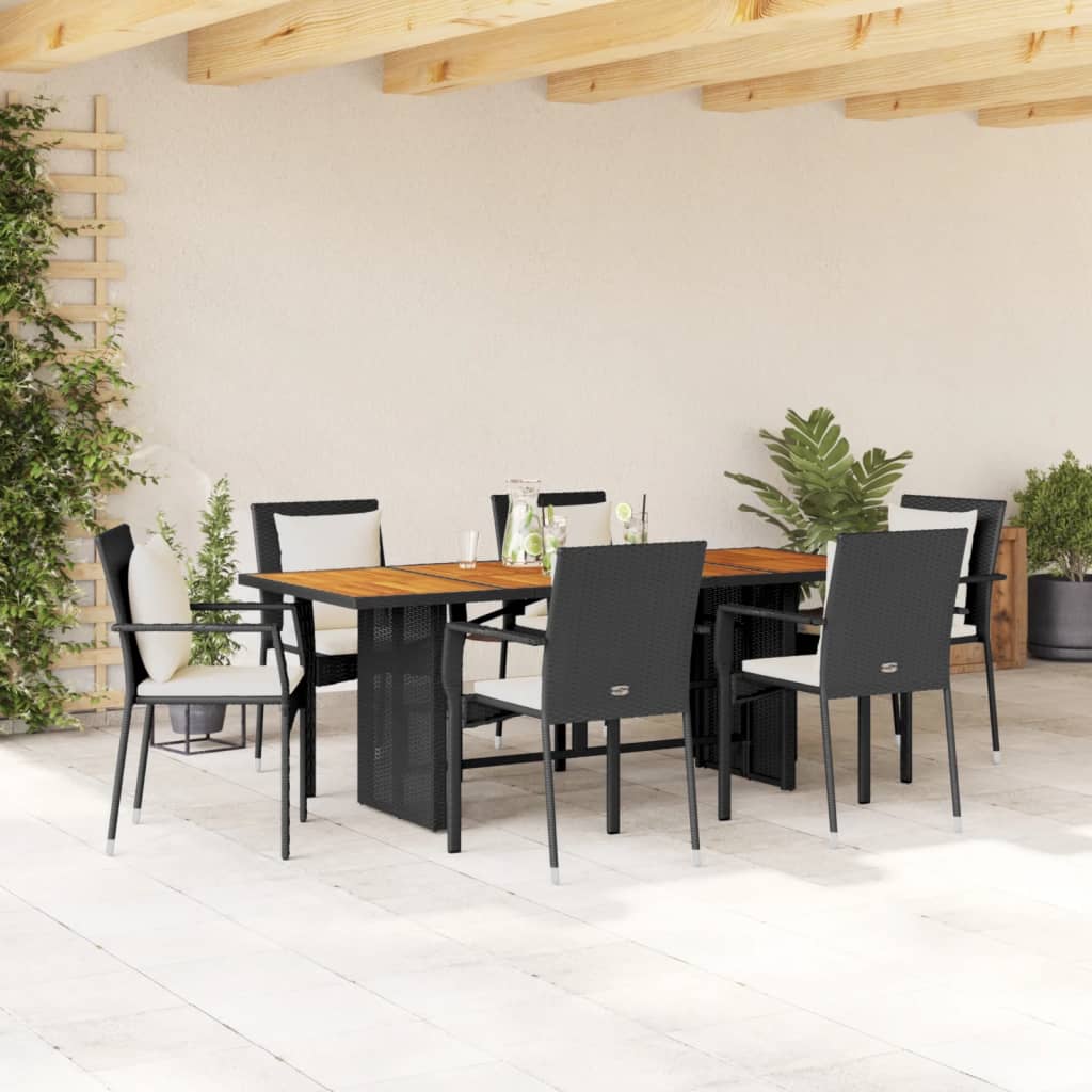 vidaXL 7-tlg. Garten-Essgruppe mit Kissen Schwarz Poly Rattan