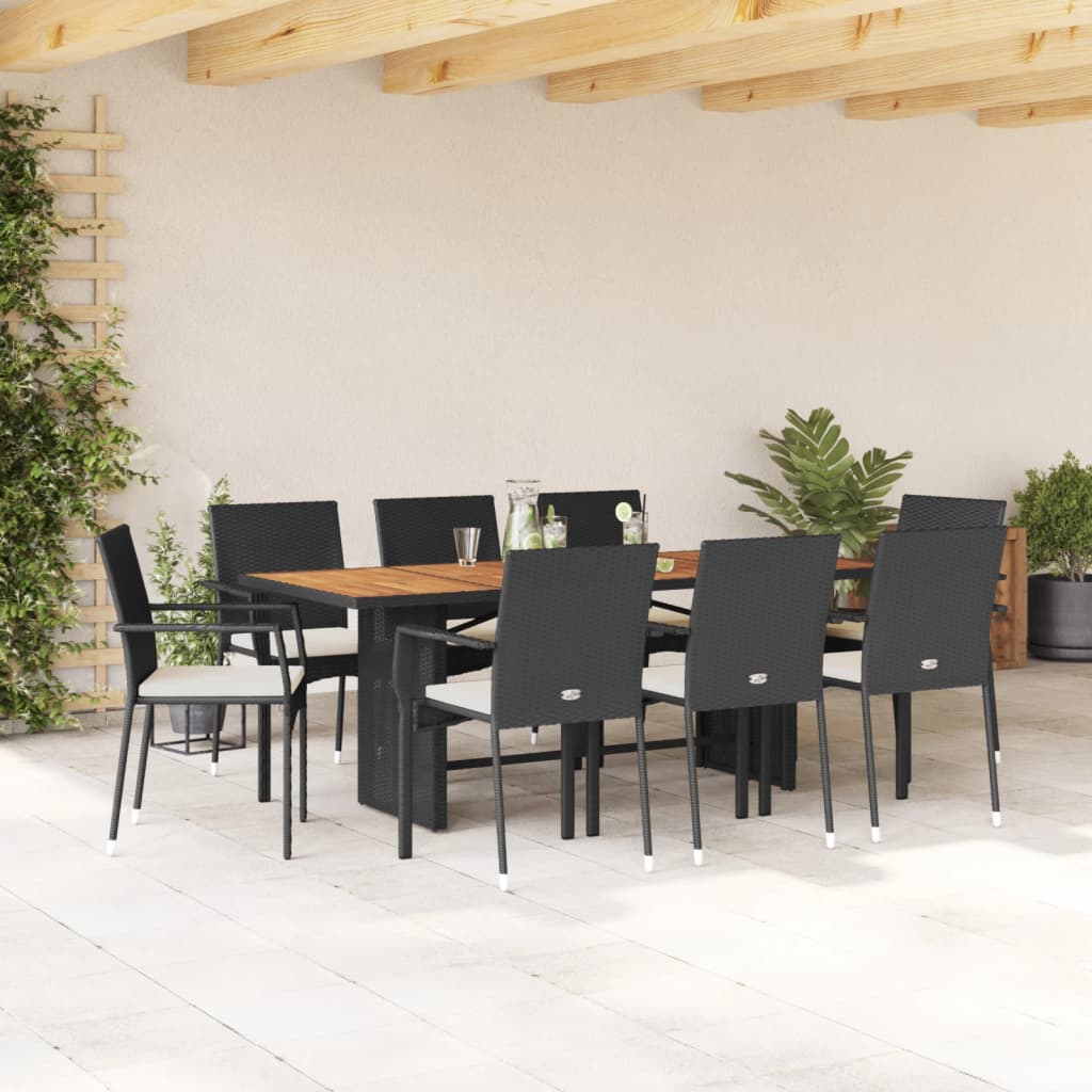 vidaXL 9-tlg. Garten-Essgruppe mit Kissen Schwarz Poly Rattan