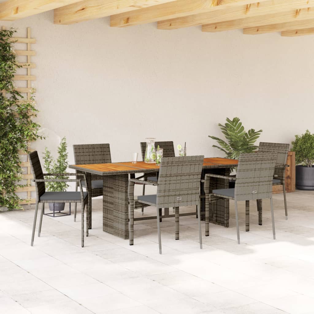 vidaXL 7-tlg. Garten-Essgruppe mit Kissen Grau Poly Rattan