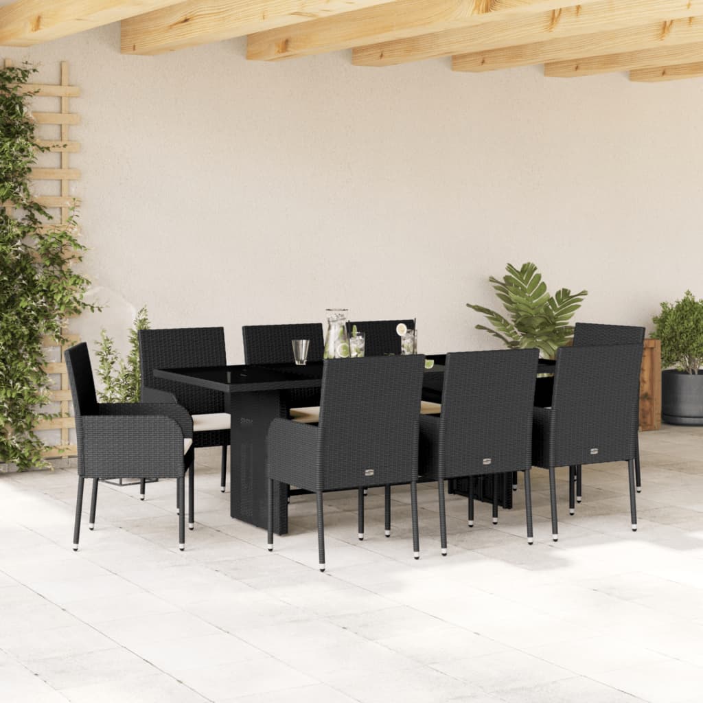 vidaXL 9-tlg. Garten-Essgruppe mit Kissen Schwarz Poly Rattan