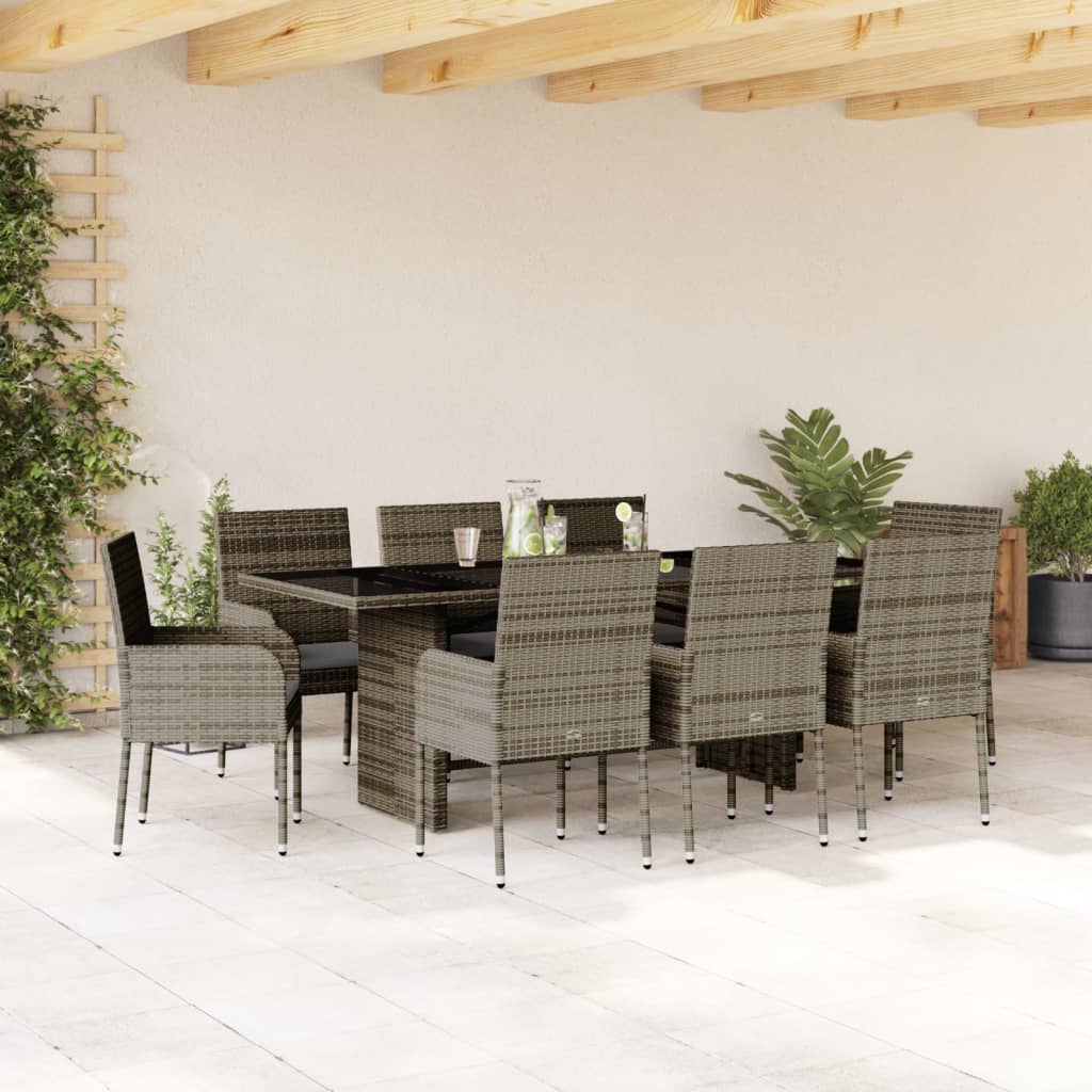 9-tlg. Garten-Essgruppe mit Kissen Grau Poly Rattan