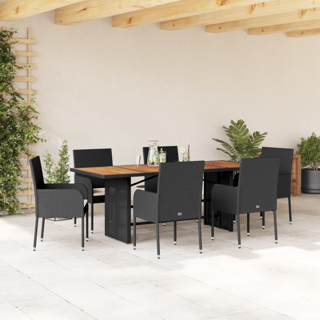 7-tlg. Garten-Essgruppe mit Kissen Schwarz Poly Rattan