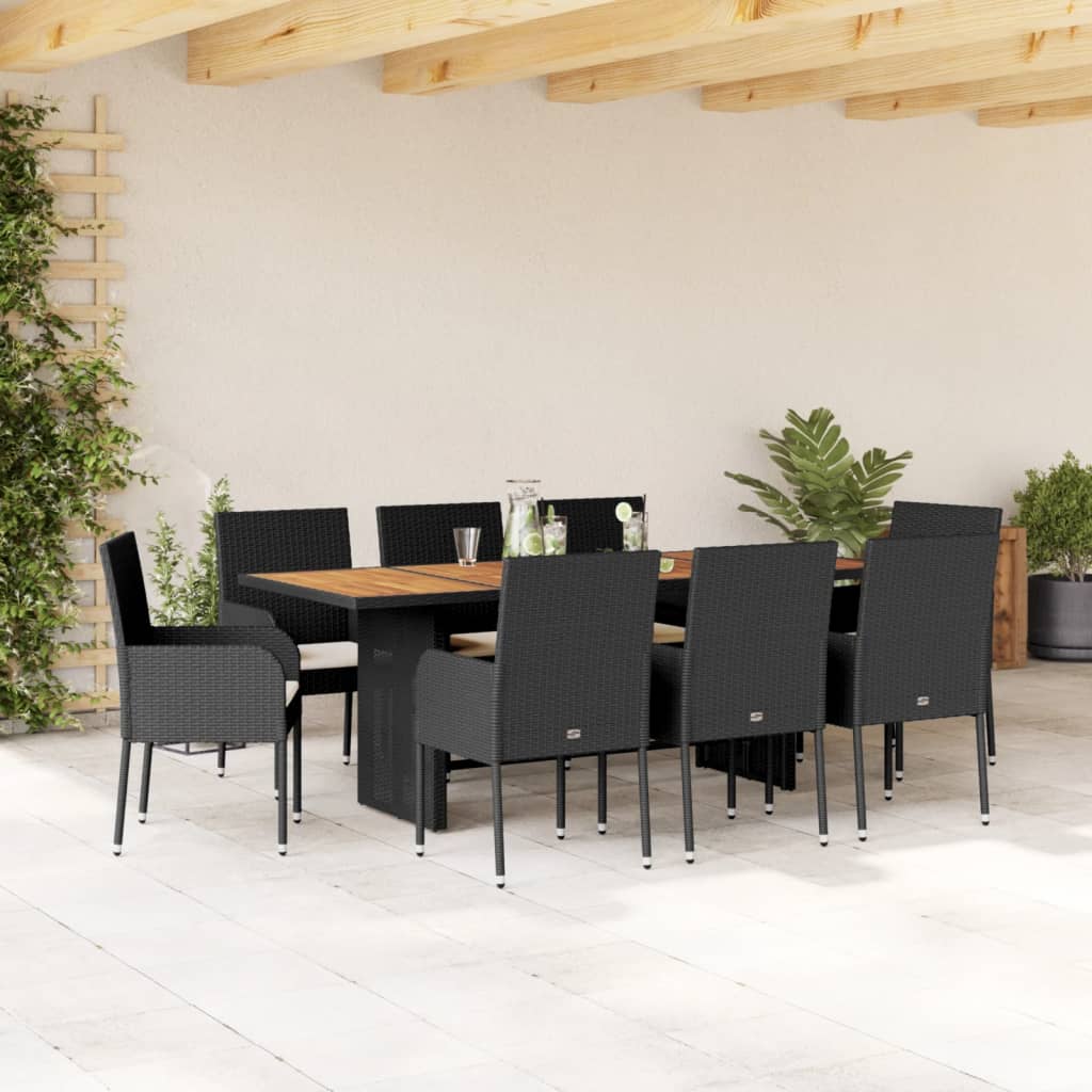 vidaXL 9-tlg. Garten-Essgruppe mit Kissen Schwarz Poly Rattan