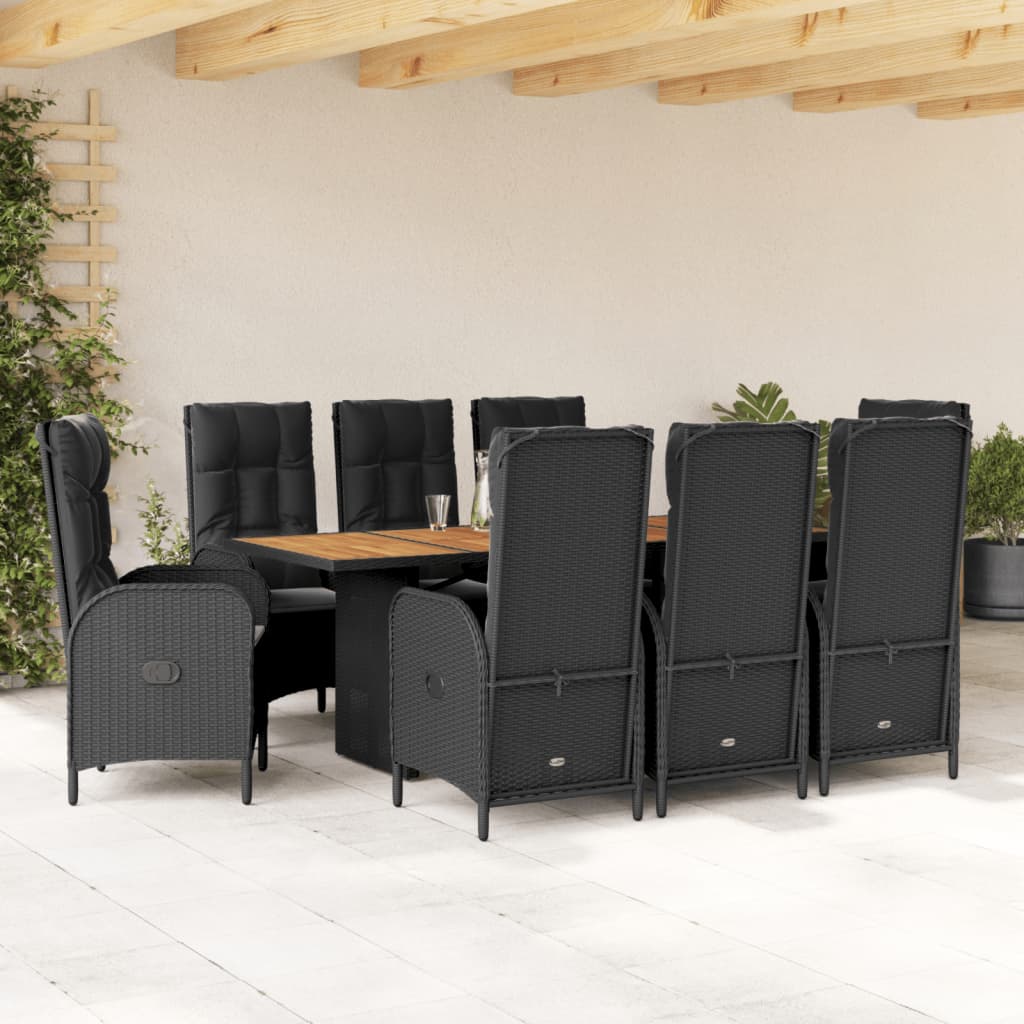 vidaXL 9-tlg. Garten-Essgruppe mit Kissen Schwarz Poly Rattan