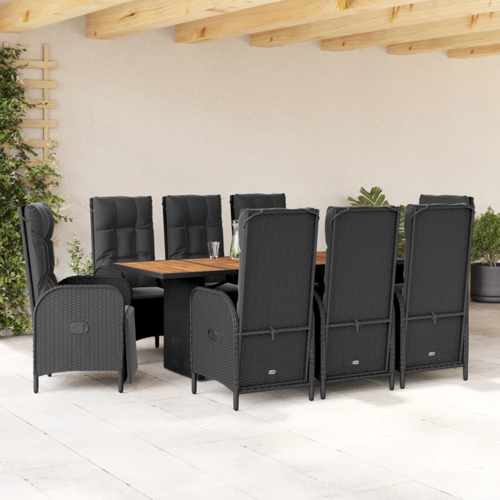 vidaXL 9-tlg. Garten-Essgruppe mit Kissen Schwarz Poly Rattan