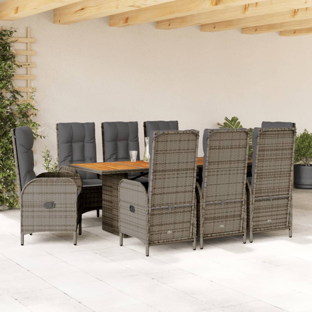 vidaXL 9-tlg. Garten-Essgruppe mit Kissen Grau Poly Rattan