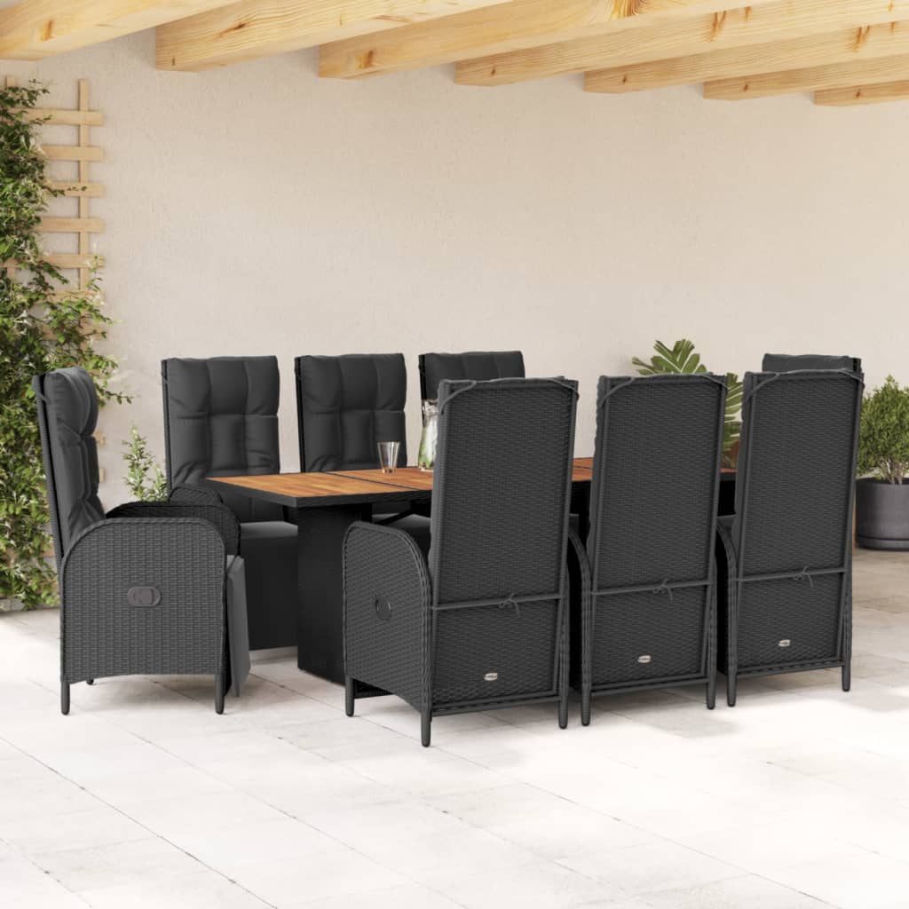 vidaXL 9-tlg. Garten-Essgruppe mit Kissen Schwarz Poly Rattan