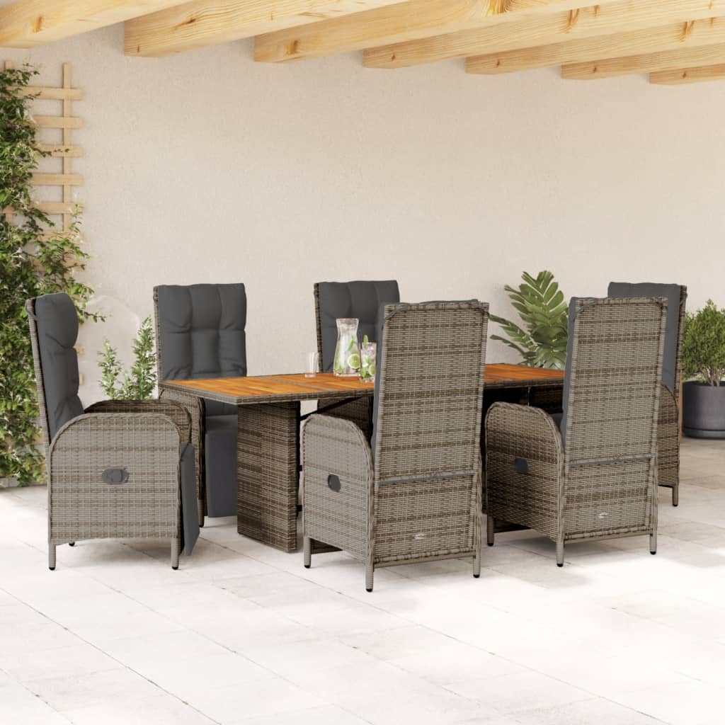 vidaXL 7-tlg. Garten-Essgruppe mit Kissen Grau Poly Rattan