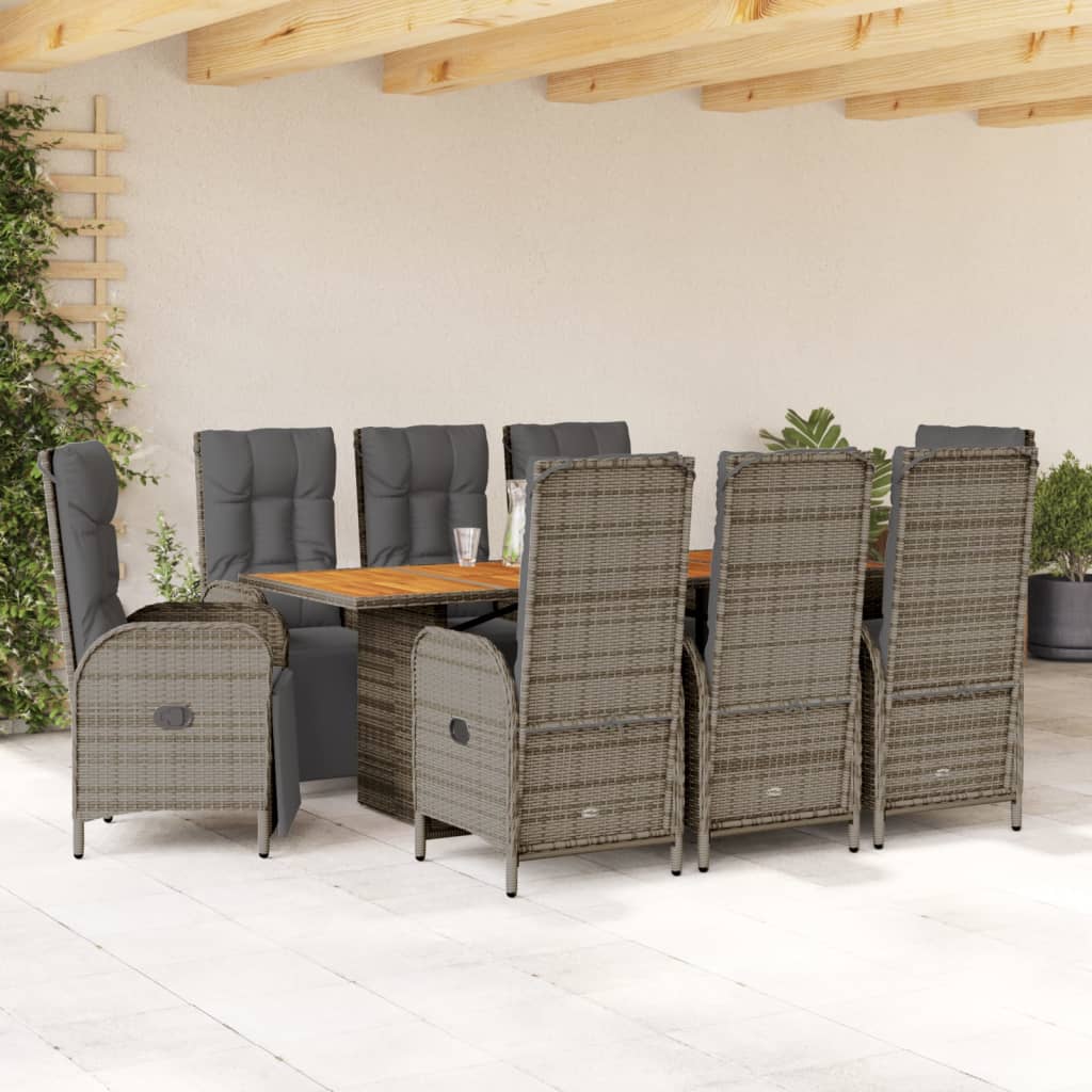 vidaXL 9-tlg. Garten-Essgruppe mit Kissen Grau Poly Rattan